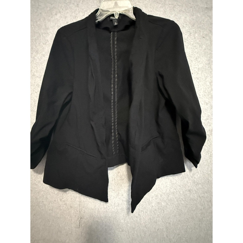 Torrid Blazer‎ Jacket Womens 0 Black Open Front Ruched Sleeve Stretch Unlined